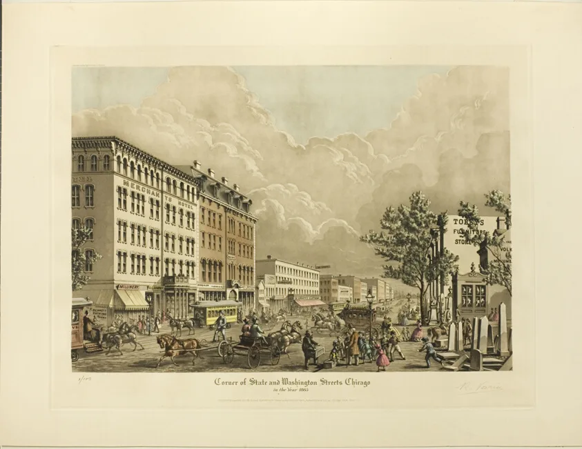 Corner of State and Washington Streets, Chicago, in the Year 1865 by Raoul Varin, 1928