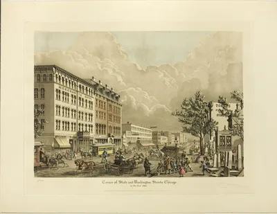 Corner of State and Washington Streets, Chicago, in the Year 1865 by Raoul Varin, 1928