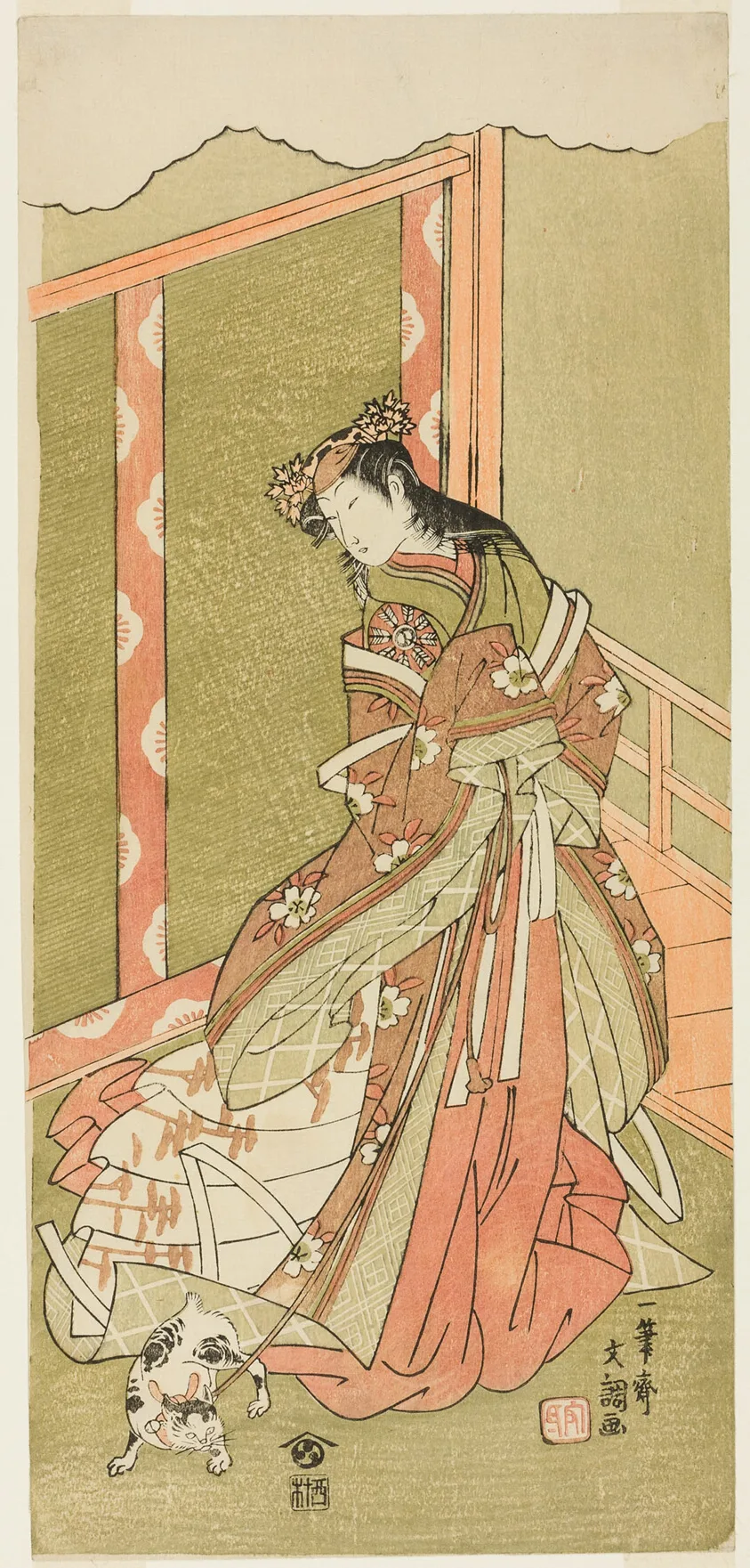 The Actor Nakamura Noshio I as the Third Princess (Nyosan no Miya) in the Play Fuki Kaete Tsuki mo Yoshiwara (Rethatched Roof: The Moon also Shines Over the Yoshiwara Pleasure District), Perfromed at the Morita Theater from the First Day of the Eleventh Month, 1771 by Ippitsusai Buncho, c. 1771