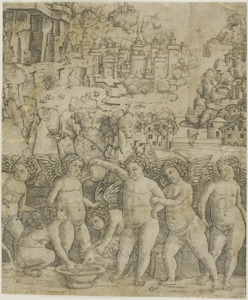 Seven Cupids with Two Rams in a Landscape by Giovanni Antonio da Brescia, 1475/85