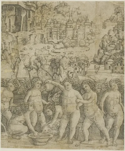 Seven Cupids with Two Rams in a Landscape by Giovanni Antonio da Brescia, 1475/85