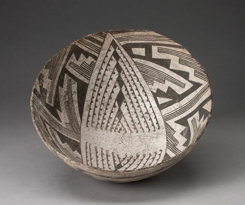 Bowl with Large Diamond-Shaped Area Interior with Dotted Lines and Diamonds, and Interlocking Stepped Motifs by Ancestral Pueblo, 950–1400