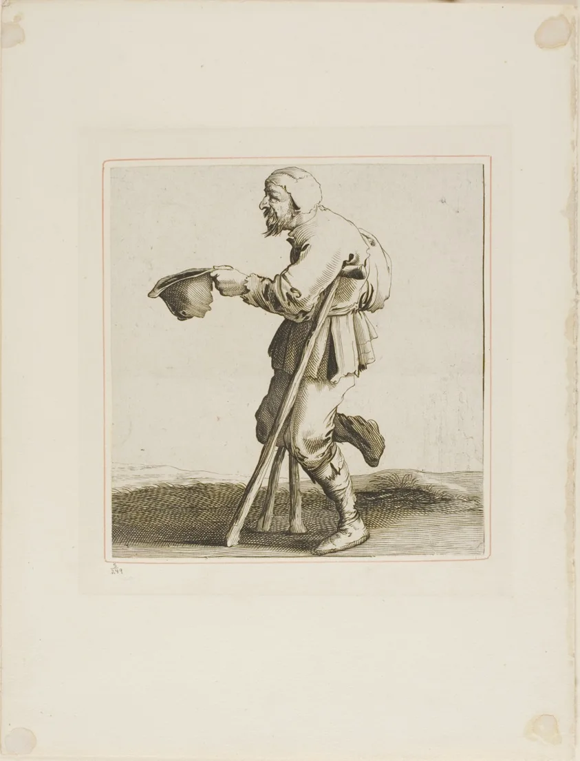 Lame Beggar Asking for Alms, from T is al verwart-gaern (It's already confusing) by Pieter Jansz. Quast, n.d.