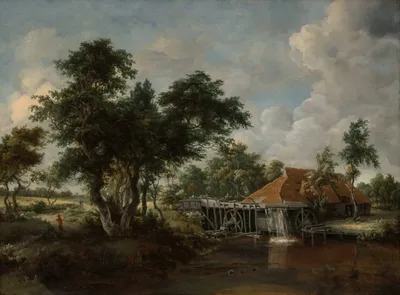 The Watermill with the Great Red Roof by Meindert Hobbema, c. 1665