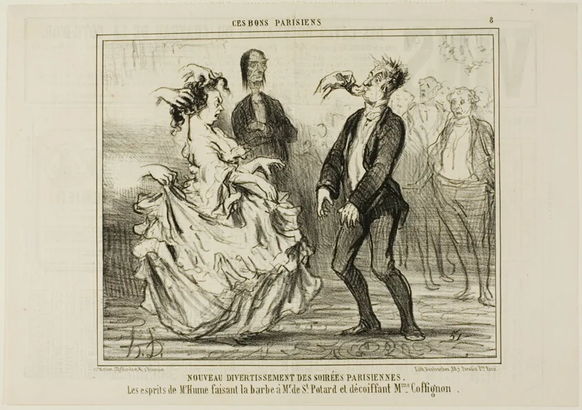 New Entertainment at the Parisian Evening Parties. The spirit of Mr. Hume shaving the beard of Monsieur de St. Potard and undoing the hair of Madame Coffignon, plate 8 from Ces Bons Parisiens by Honoré-Victorin Daumier, 1857