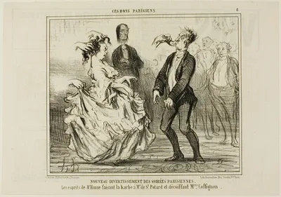New Entertainment at the Parisian Evening Parties. The spirit of Mr. Hume shaving the beard of Monsieur de St. Potard and undoing the hair of Madame Coffignon, plate 8 from Ces Bons Parisiens by Honoré-Victorin Daumier, 1857