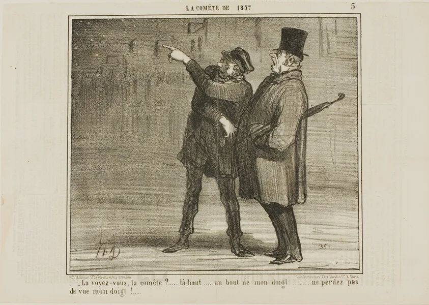 "- Can you see the comet?... just there, at the tip of my finger ... don't lose sight of my finger tip!," plate 5 from La Comète De 1857 by Honoré-Victorin Daumier, 1857