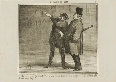 "- Can you see the comet?... just there, at the tip of my finger ... don't lose sight of my finger tip!," plate 5 from La Comète De 1857 by Honoré-Victorin Daumier, 1857