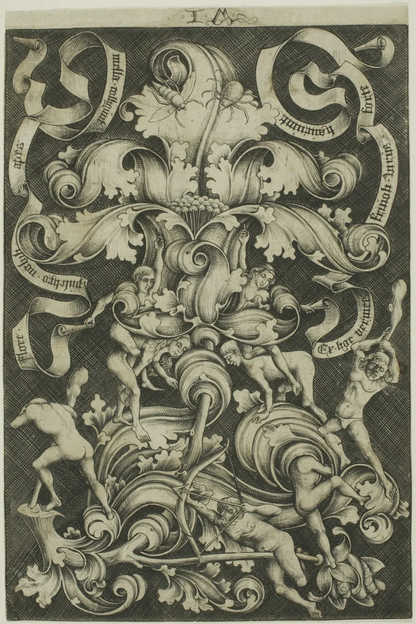 Ornament With Flower and Eight Wild Folk by Israhel van Meckenem, the younger, 1490/1500