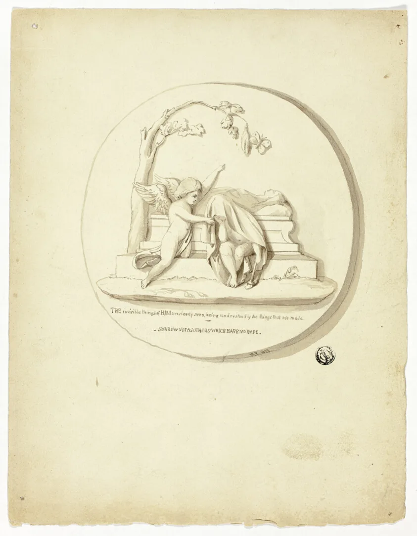 Medallion with Two Putti Beside Tomb by Unknown artist, n.d.