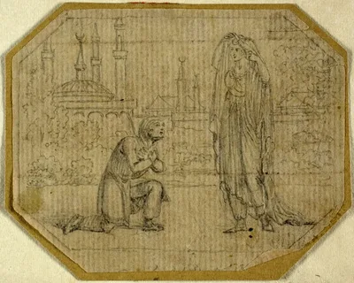Man Kneeling Before Veiled Woman with Mosque in Background by Johann August Rossmassler, n.d.