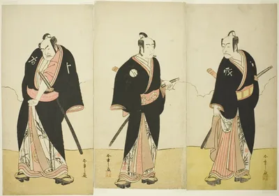 Actors Ichikawa Danjôrô V as Gokuin Sen’emon, Bandô Mitsugorô I as An no Heibei, and Nakamura Sukegorô II as Kaminari Shôkurô in “A Soga Drama on the First Festival Day in the Pleasure District” (“Hatsumombi Kuruwa Soga”) by Katsukawa Shunsho, About 1780