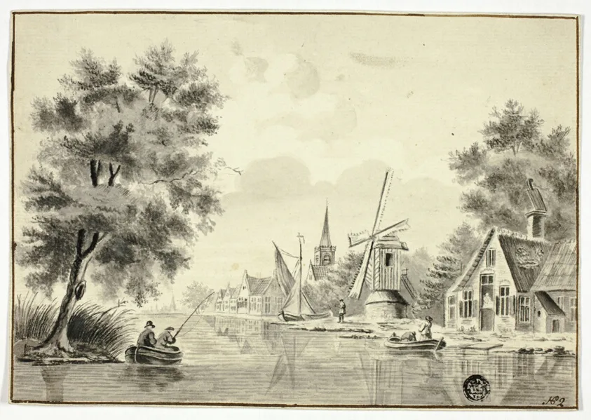 Houses and Windmill Beside Canal by Isaac van Ketweg, after 1758