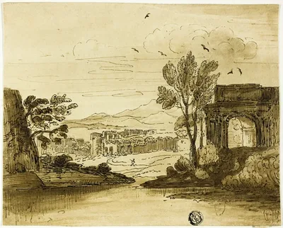 Landscape with Ruined Arch near Water, and Mountains in Distance by Style of Giovanni Francesco Grimaldi, n.d.