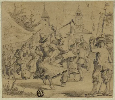 Women and Soldiers Dancing in Village Square by Unknown artist, n.d.