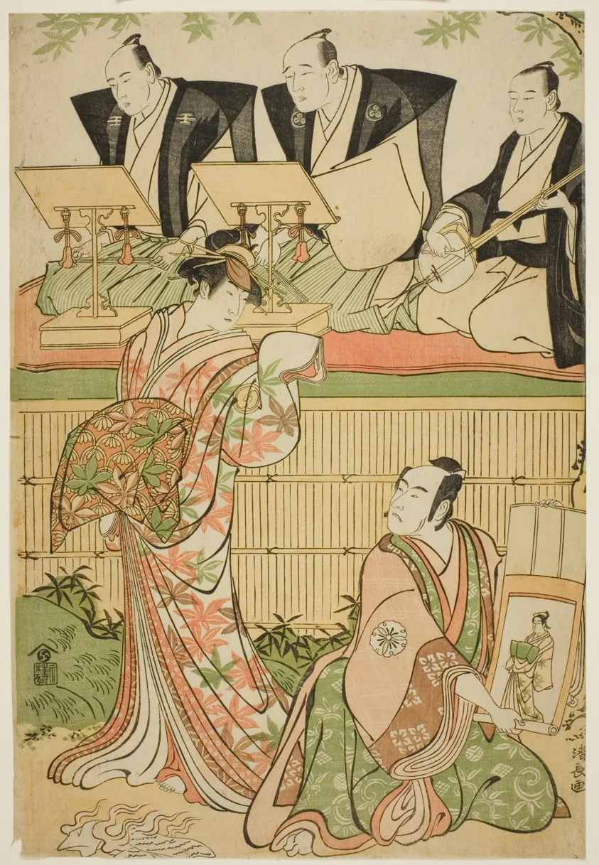 The Actors Matsumoto Koshiro IV as Ukita Sakingo and Sawamura Sojuro III as the ghost of the courtesan Takao, in the play "Ominaeshi Sugata no Hatsuaki," performed at the Nakamura Theater, 1788 by Torii Kiyonaga, 1788