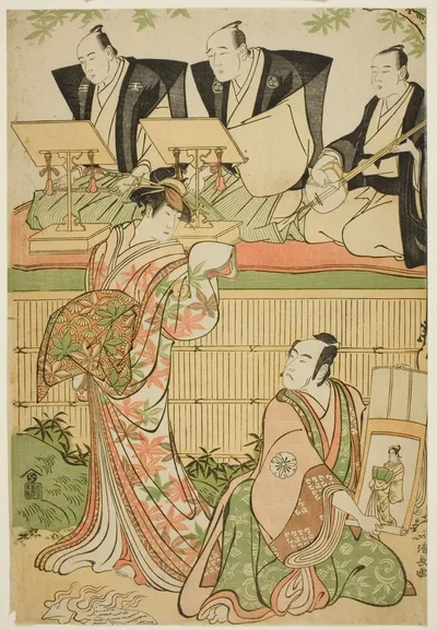 The Actors Matsumoto Koshiro IV as Ukita Sakingo and Sawamura Sojuro III as the ghost of the courtesan Takao, in the play "Ominaeshi Sugata no Hatsuaki," performed at the Nakamura Theater, 1788 by Torii Kiyonaga, 1788