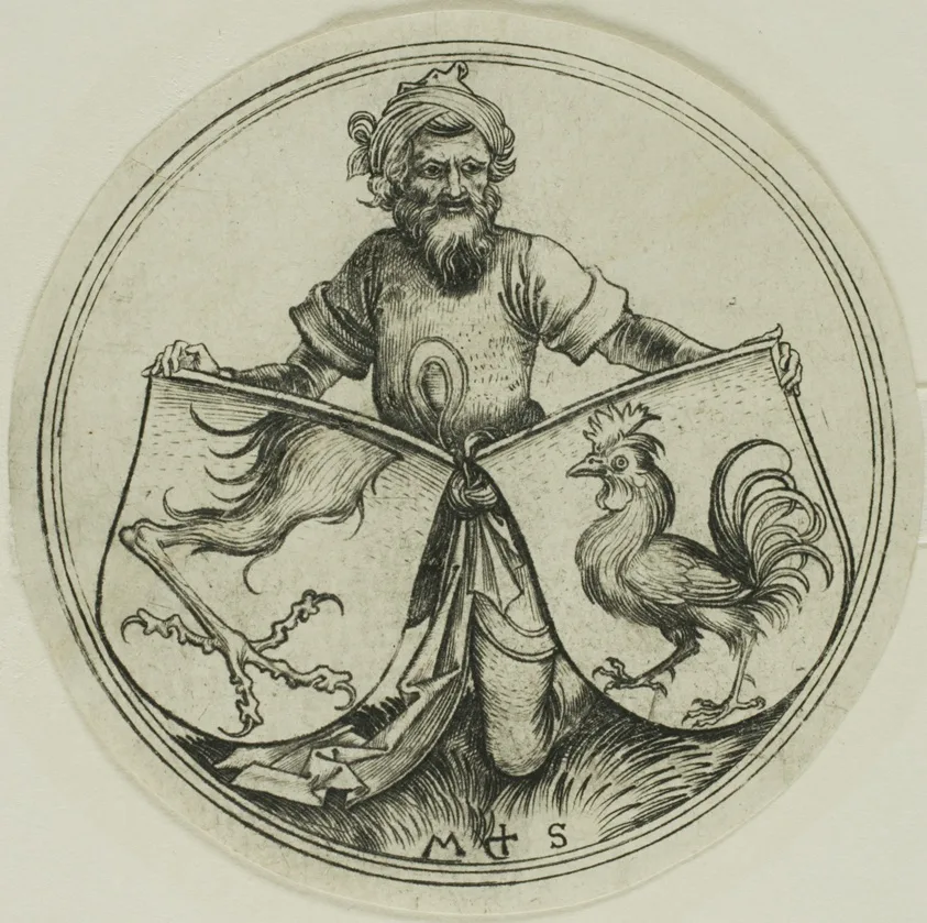 Shield with a Griffin's Foot and Shield with a Cock Held by a Moor by Martin Schongauer, c. 1480