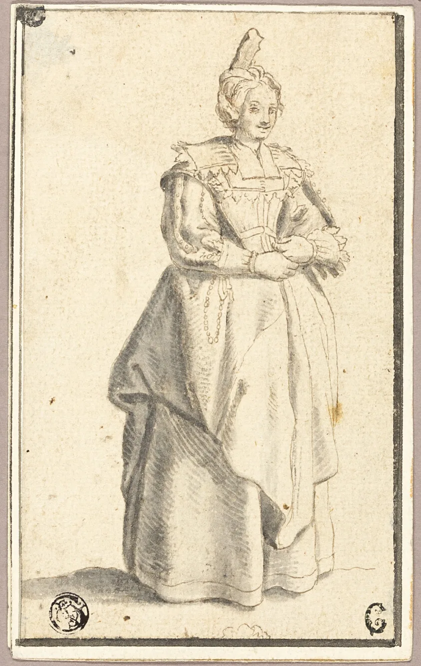 The lady with the small raised cap, after a print from La Noblesse by Unknown artist, 1630s (?)