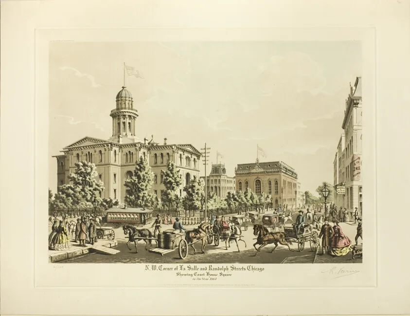 N. W. Corner of LaSalle and Randolph, Chicago, Showing Court House Square in the Year 1864 by Raoul Varin, 1928