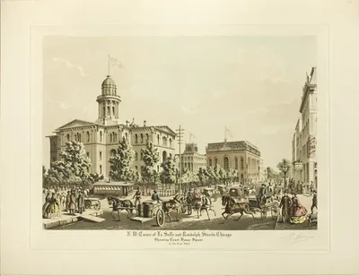 N. W. Corner of LaSalle and Randolph, Chicago, Showing Court House Square in the Year 1864 by Raoul Varin, 1928