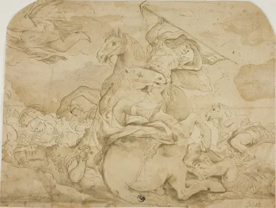 Battle Scene with Central Figure on Rearing Horse by Style of Luca Giordano, n.d.