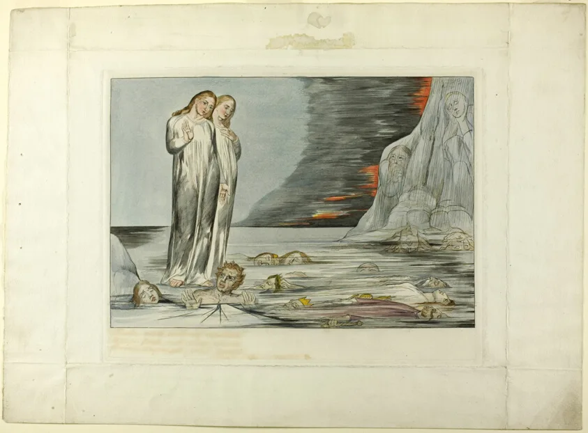 The Circle of the Traitors; Dante's Foot Striking Bocca degli Abbate. Inferno, canto XXXII by William Blake, 1827, printed c. 1892