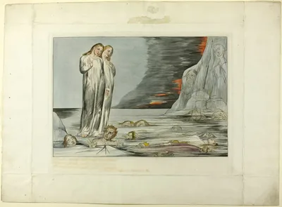 The Circle of the Traitors; Dante's Foot Striking Bocca degli Abbate. Inferno, canto XXXII by William Blake, 1827, printed c. 1892