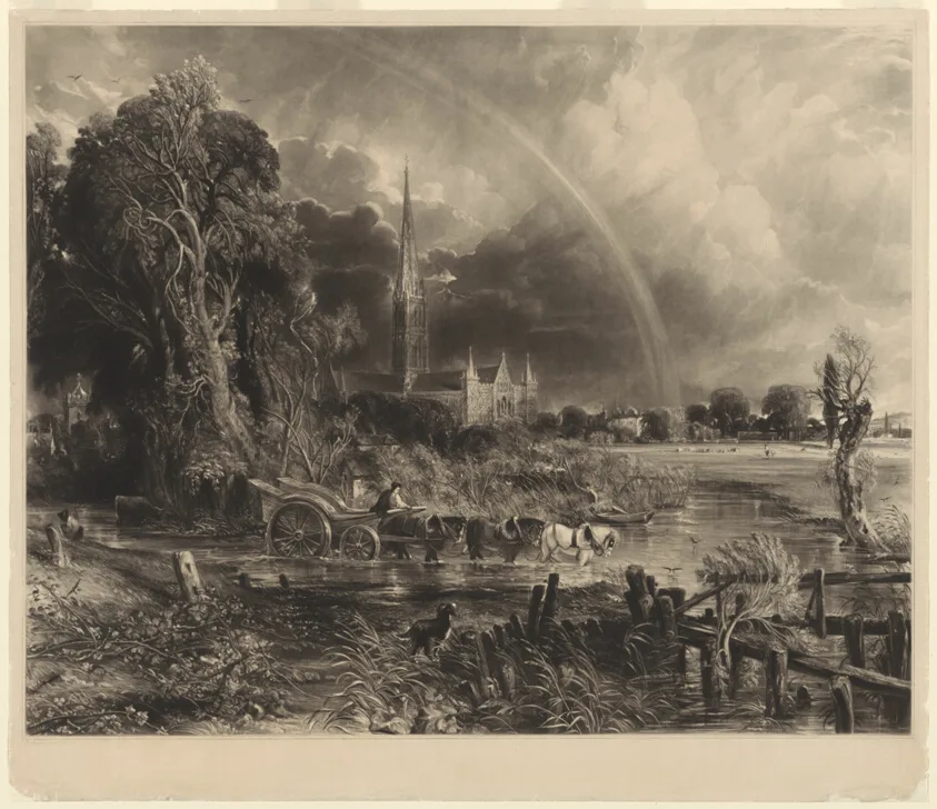 Salisbury Cathedral from the Meadows: the Rainbow by David Lucas, 1834