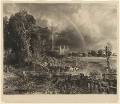 Salisbury Cathedral from the Meadows: the Rainbow by David Lucas, 1834