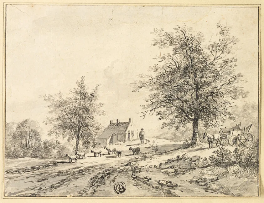Goatherd, Goats on Road near Carriage and House by Bruno van Straaten, n.d.