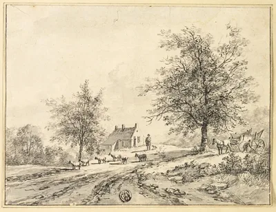 Goatherd, Goats on Road near Carriage and House by Bruno van Straaten, n.d.