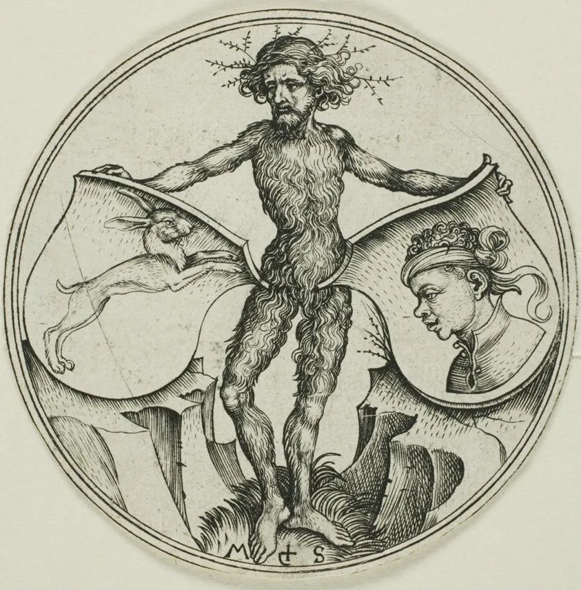 Two Shields with a Hare and a Moor's Head, Held by a Wild Man by Martin Schongauer, 1480/90