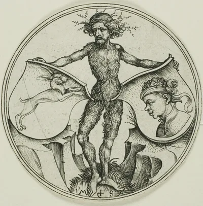 Two Shields with a Hare and a Moor's Head, Held by a Wild Man by Martin Schongauer, 1480/90