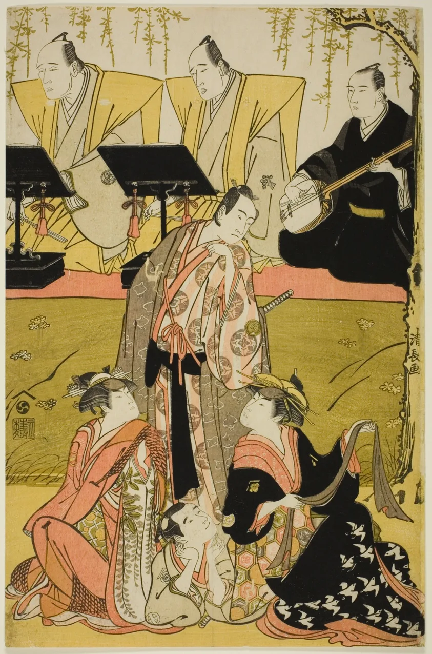 The Actors Sawamura Sojuro III as Soga no Juro, Osagawa Tsuneyo II as Oiso no Tora, Azuma Tozo III as Miura Katagai, and Otani Tokuji I as Danzaburo, in the joruri "Chidorigake Koi no Tamaboko," performed at the Ichimura Theater in the first month, 1784 by Torii Kiyonaga, 1784