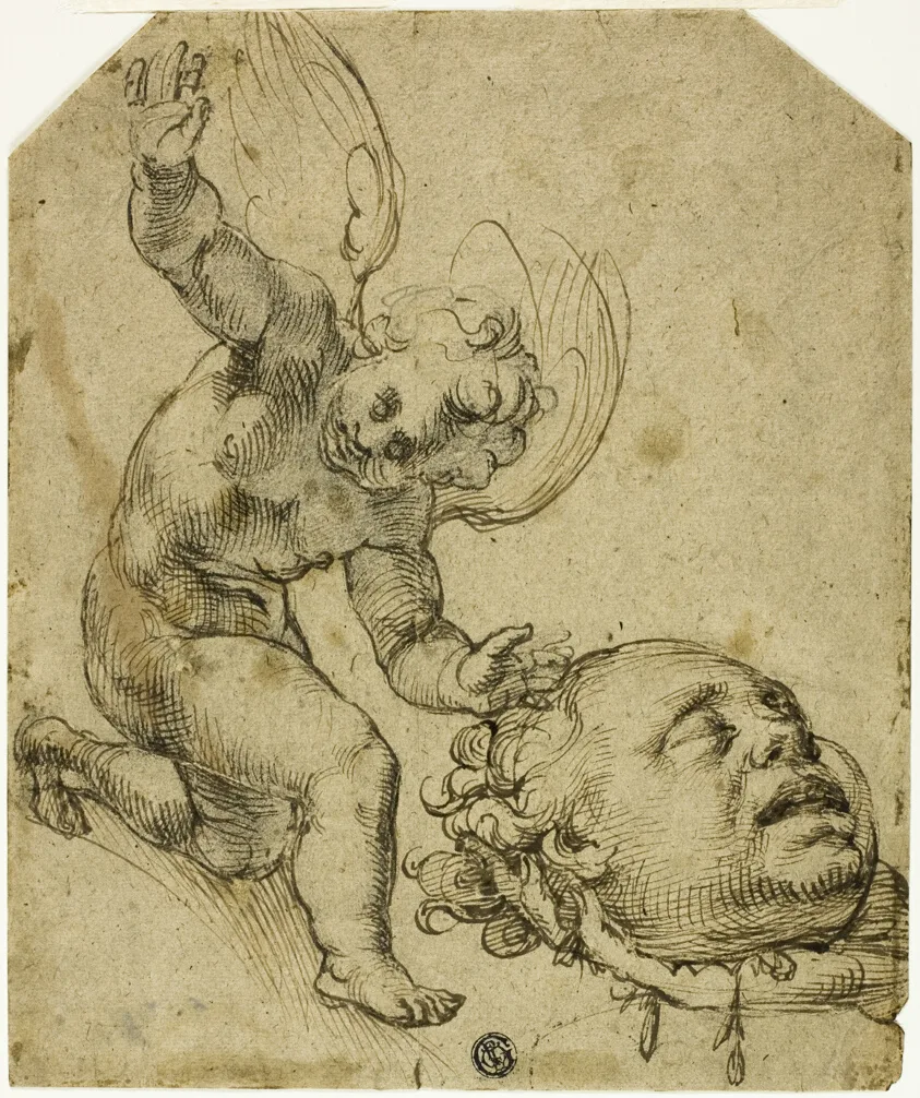 Two Sketches: Kneeling Putto Holding a Head (recto) Details of a Nude Male Child (verso) by Bartolomeo Passarotti, n.d.