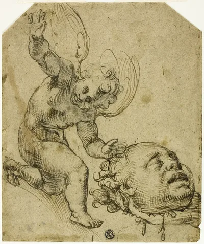 Two Sketches: Kneeling Putto Holding a Head (recto) Details of a Nude Male Child (verso) by Bartolomeo Passarotti, n.d.