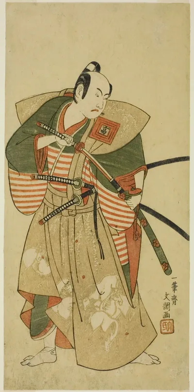 The Actor Ichikawa Komazo II as Kudo Saemon Suketsune (?) in the Play Haru wa Soga Akebono-zoshi (?), Performed at the Nakamura Theater (?) in the First Month, 1772 (?) by Ippitsusai Buncho, c. 1772