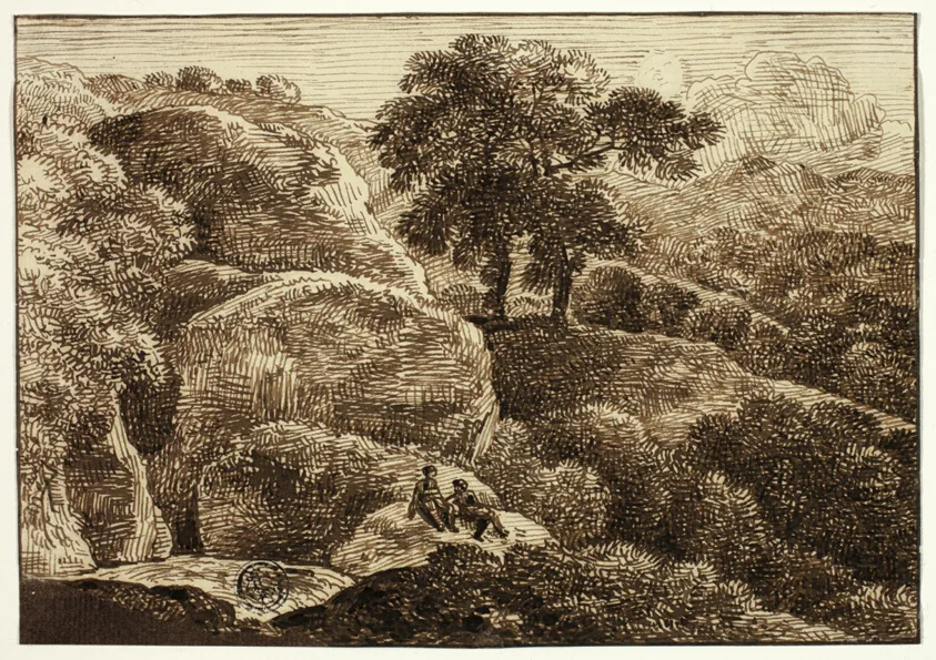 Two Figures Resting on Hillside near Two Trees by Franz Kobell, n.d.