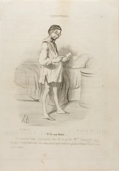 (He is reading a letter) “A date, could it be from the cute Mme Giraud?? Yes, but it could also come from her husband who wants to pinch me…,” plate 8 from Coquetterie by Honoré-Victorin Daumier, published May 14, 1840