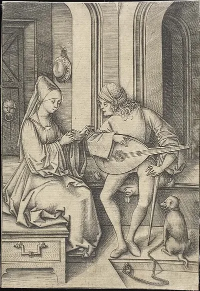The Singer and the Lute Player by Israhel van Meckenem, the younger, c. 1495