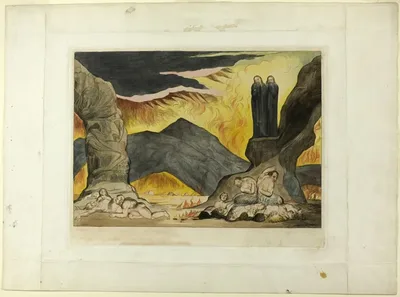 The Circle of the Falsifiers: Dante and Virgil Covering their Noses Because of the Stench. Inferno, canto XXIX by William Blake, 1827, printed c. 1892
