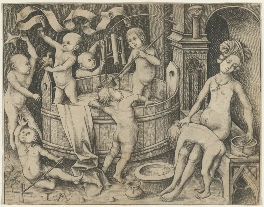 The Children's Bath by Israhel van Meckenem, the younger, 1480/90