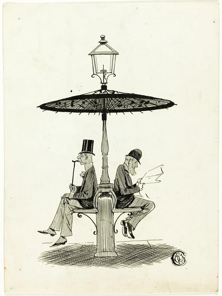 Two Gentlemen Seated Under Lamp Post with Japanese Umbrella by S. F. Paynter, 1850/1911