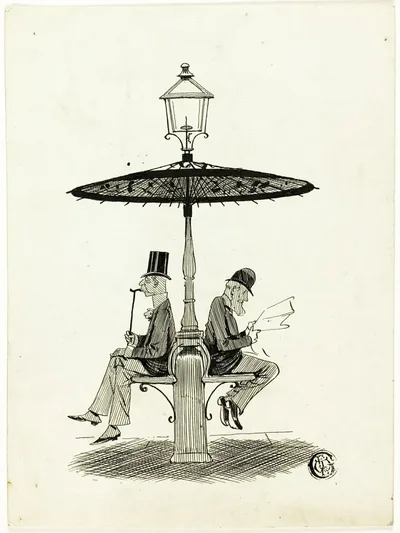 Two Gentlemen Seated Under Lamp Post with Japanese Umbrella by S. F. Paynter, 1850/1911