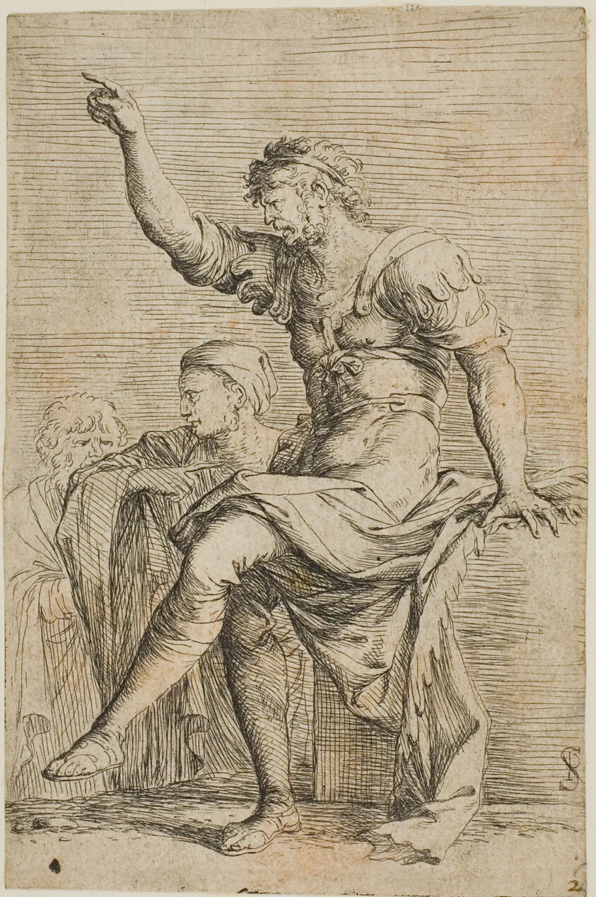 A warrior sits on a block and gestures; two figure are behind him, from Figurine series by Salvator Rosa, n.d.