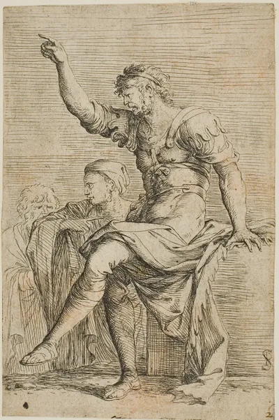 A warrior sits on a block and gestures; two figure are behind him, from Figurine series by Salvator Rosa, n.d.