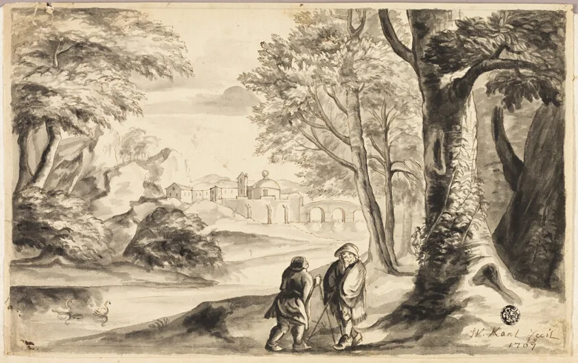 Two Travelers under Tree with Village and Bridge in Distance by William Kent, 1707