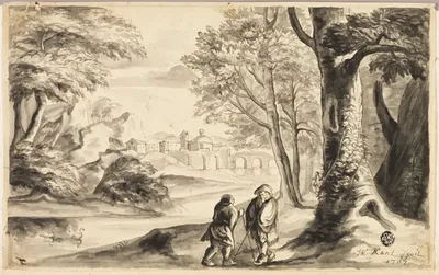 Two Travelers under Tree with Village and Bridge in Distance by William Kent, 1707