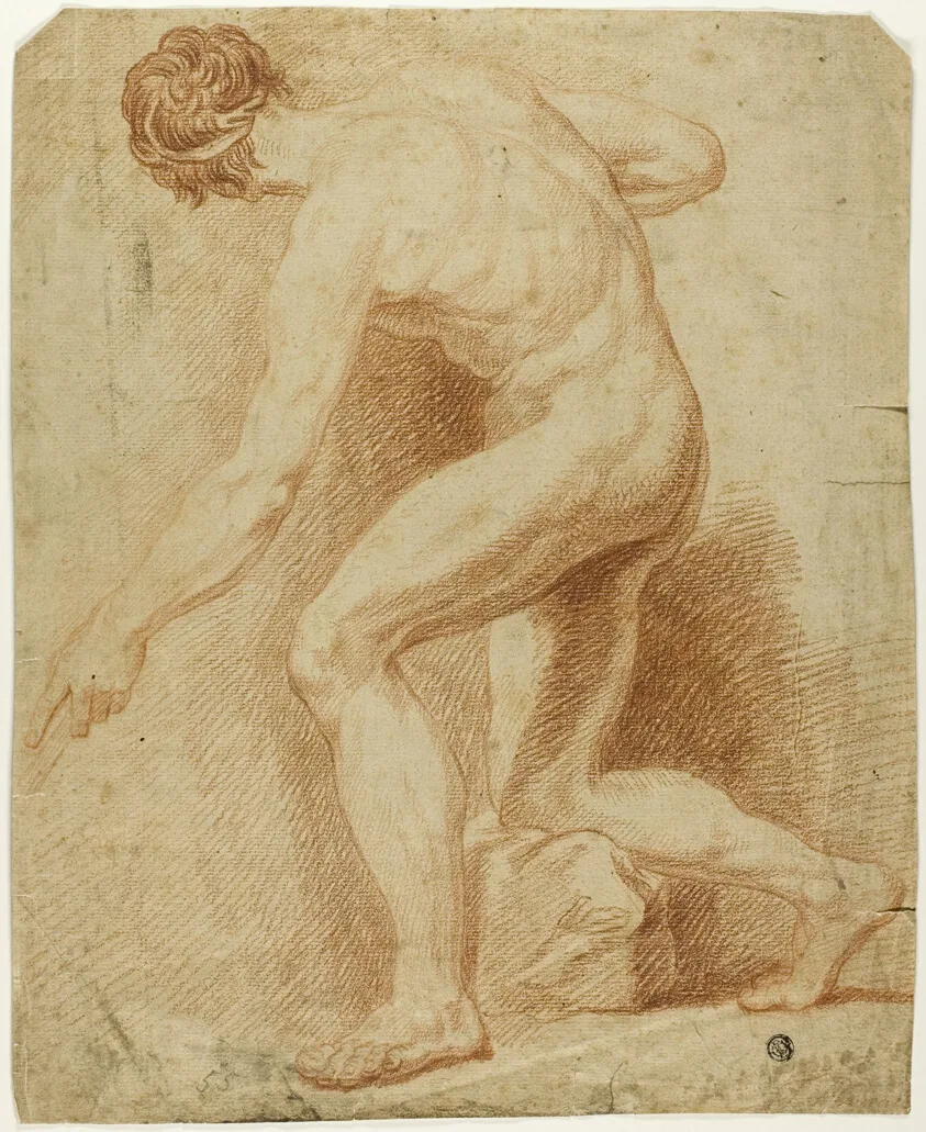Academic Male Nude, Half-Kneeling and Seen from the Back by Unknown artist, n.d.